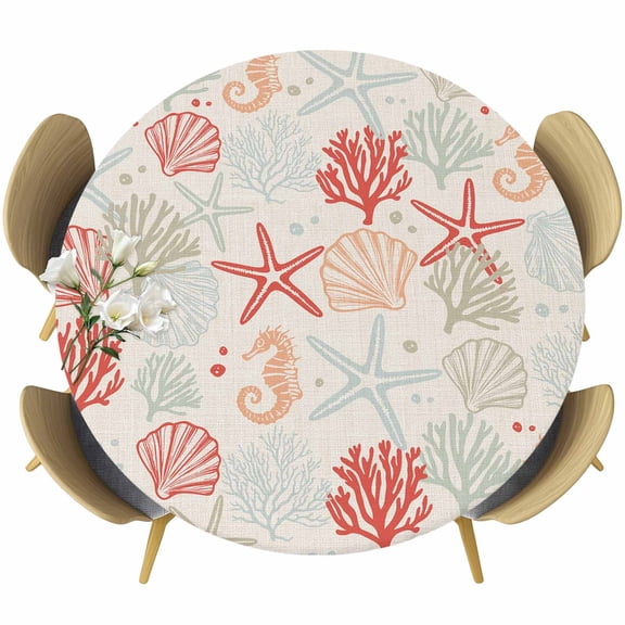 Red Orange Coastal Fitted Tablecloth with Elastic Edged, Round Table Cloth for Dining Table, Summer Beach Starfish Coral Nautical Rustic Waterproof Oil Proof Table Cover for Indoor Outdoor 36"-44"