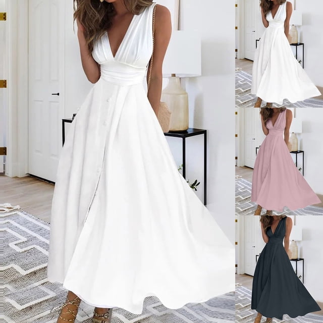 Gspmoly Robe d'Été, Robe Sans Manches de Printemps/été pour Femmes à Col en V Coloré, Robe à Poitrine Enveloppée, Robe Longue, Robes de Vacances pour Femmes, Offres Prime
