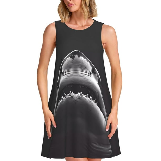 Fotbe Black And White Shark Vestido de Verano sin Mangas para Mujer – Vestido Midi Línea A, Estilo Camiseta Floral, Vestido Playero Casual y Fluido