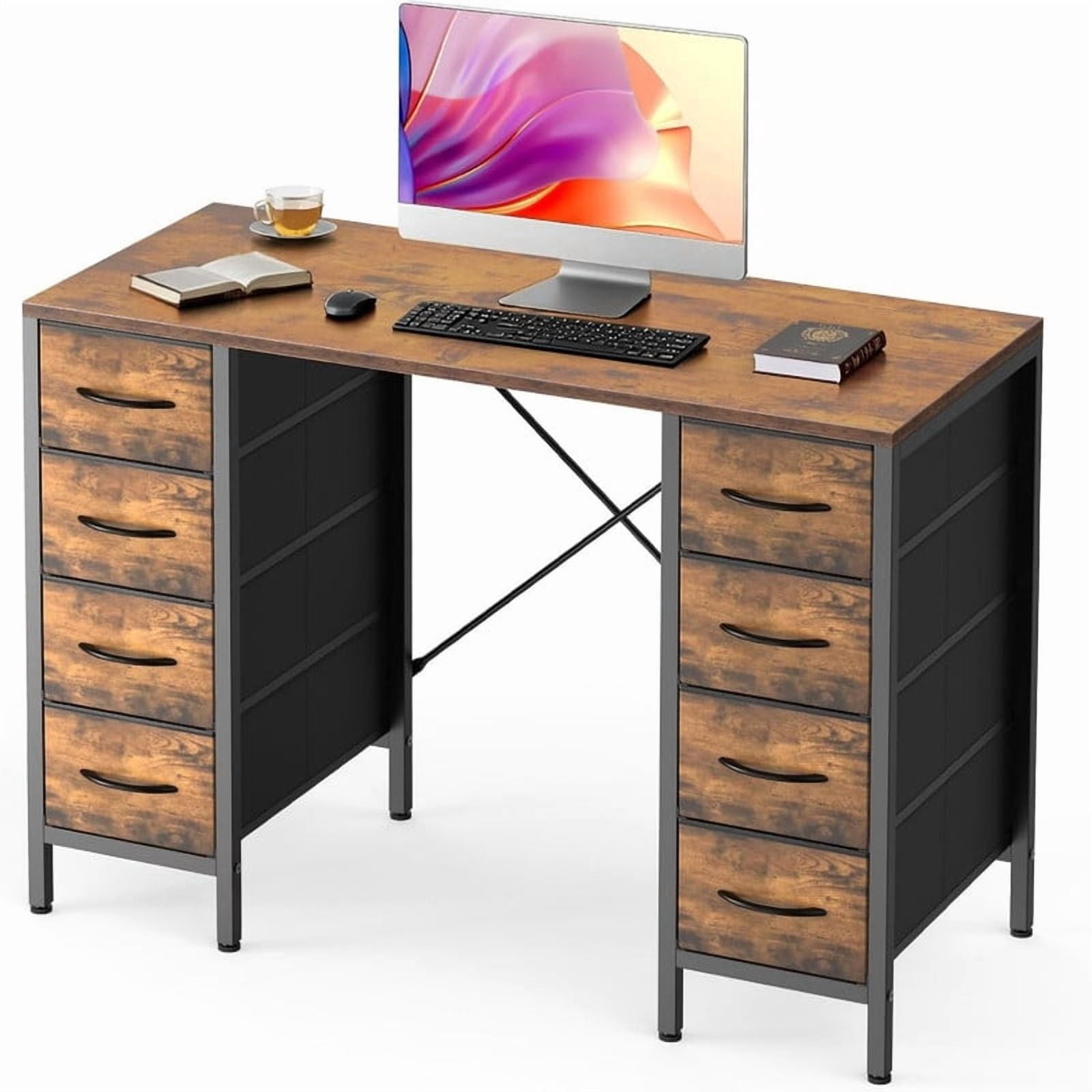 Kelno 47 Inch Computer Desk with 8 Fabric Drawer Large Storage Gaming Writing Table, Rustic Brown