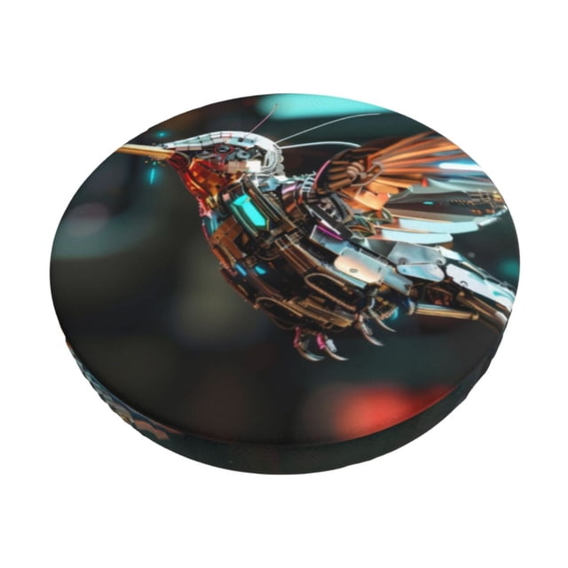 Cauagu Housses de Tabouret Rondes Imprimé Robot Colibri Futuriste, Coussin de Siège pour Tabouret de Bar Rond Housse de Siège pour Chaise de Bar Ronde s'Adapte à Coussin de Tabouret de Bar 12/13/14 Po-13 Pouces