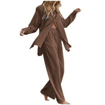 Turilly Two Piece Outfits for Women Women's Solid Button Long Sleeve Shirt Blouse And Pants Set With Pocket
