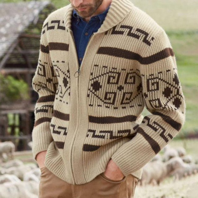 Cárdigan de color caqui con cremallera para hombre, jersey de punto jacquard, ropa de abrigo para otoño/invierno