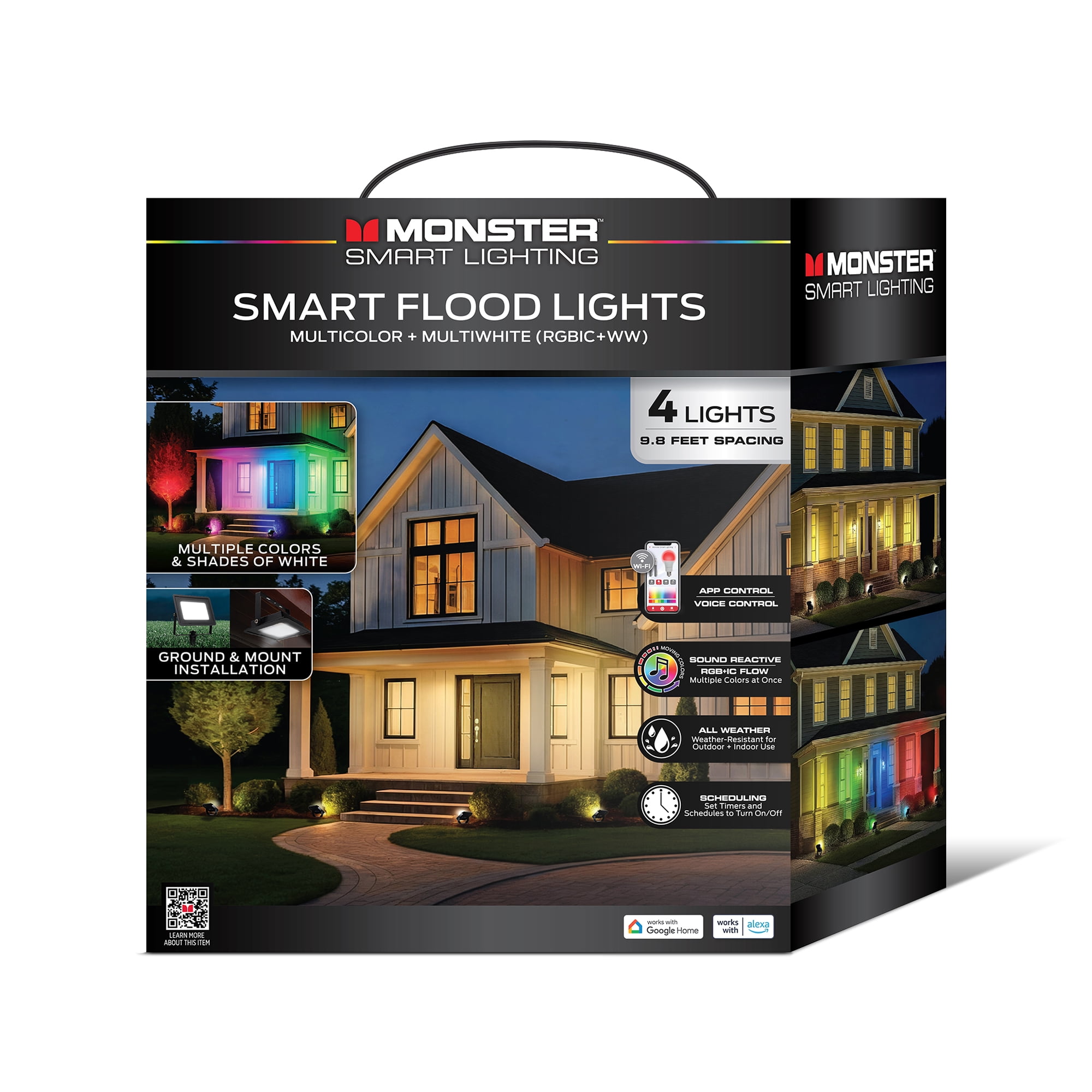 Monster Outdoor Flood Light Smart 4-Pack, Multiwhite LED Flood Light Outdoor, Wi-Fi App & Voice Control, Sound Reactive, Weather-Resistant