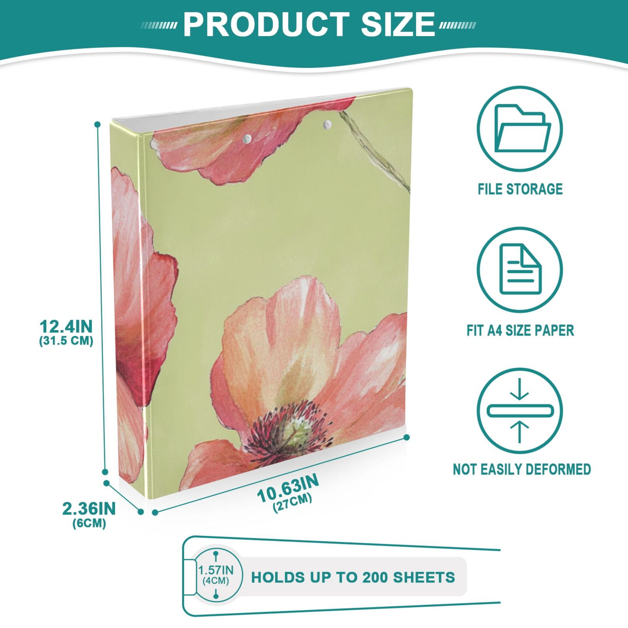 Poppies Flowers Floral 3 Ring Binders 1.5 inch Hardcover File Folders with Interior Pockets A4 Size Organizer for School Office Hospital
