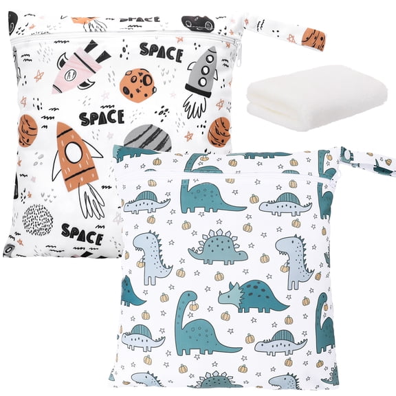KABOER 2 Pack Waterproof Wet Dry Bags with Washcloth, Reusable Leak-Proof Organizer for Baby Cloth Diapers, Swimwear, Travel, Beach