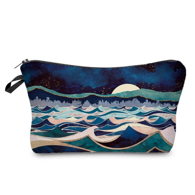 Bolsa de maquillaje con pintura de paisaje para hombre y mujer, neceser de poliéster con cremallera, Kit de afeitadora, bolsa de viaje de lujo Fivean unisex