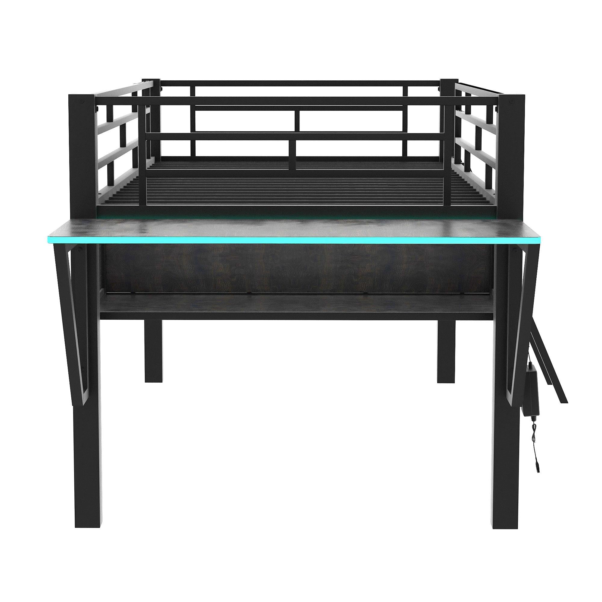 Mid-level loft playard with desk, LED light and single bed, featuring integrated TV table platform storage for furniture, toys or a play chair. Black