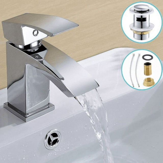 Grifo para lavabo de baño en cascada, mezclador para lavabo, monomando cromado + desagüe