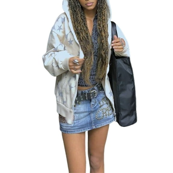 Zip Up Star Print Hoodies for Women Cropped Sweatshirts Fall Fashion Outfits Y2k Fleece Couples Clothes White M