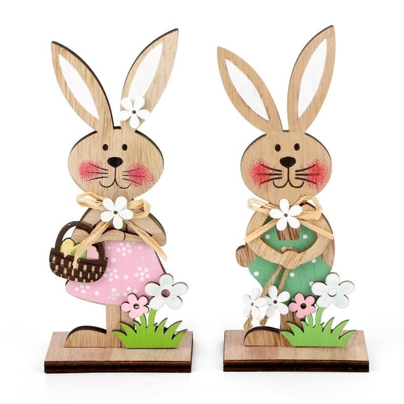 2PCS 2026 Wooden Easter Rabbit Ornaments Craft Painting Bunny Spring Festival Table Ornament Happy Easter Party Home Decor