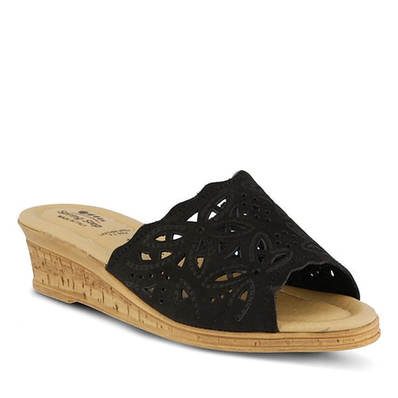 Spring Step Estella Women's Fashion Wedge Slide Sandals – Casual Leather Heel with Geometric Laser-Cut Detailing