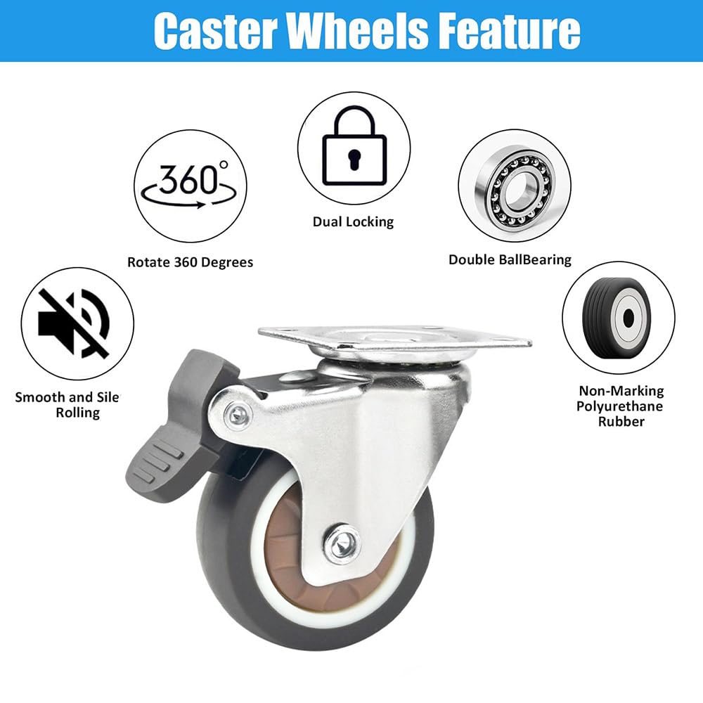 FRKSMD-2 Inch Swivel Caster Wheels with Brake(2 with Brakes&2 Without) – Heavy Duty Rubber Casters Set of 4, Supports up to 231 Lbs, No Noise, Locking Plate Castors Safe for Hardwood Floor & Carpet
