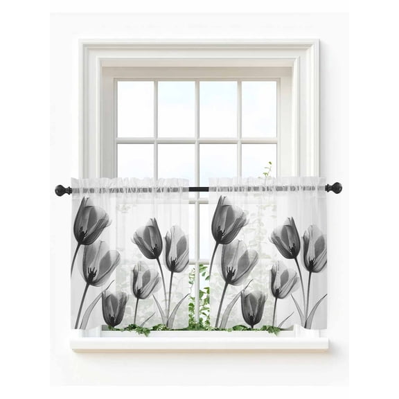 Black Grey Tulip Tier Curtains 36 Inch Length,Sheer Curtains for Bedroom Living Room Window Flower Floral Modern Minimalist White Small Half Window Kitchen Curtains & Drapes 27.5"x36" 2 Panels