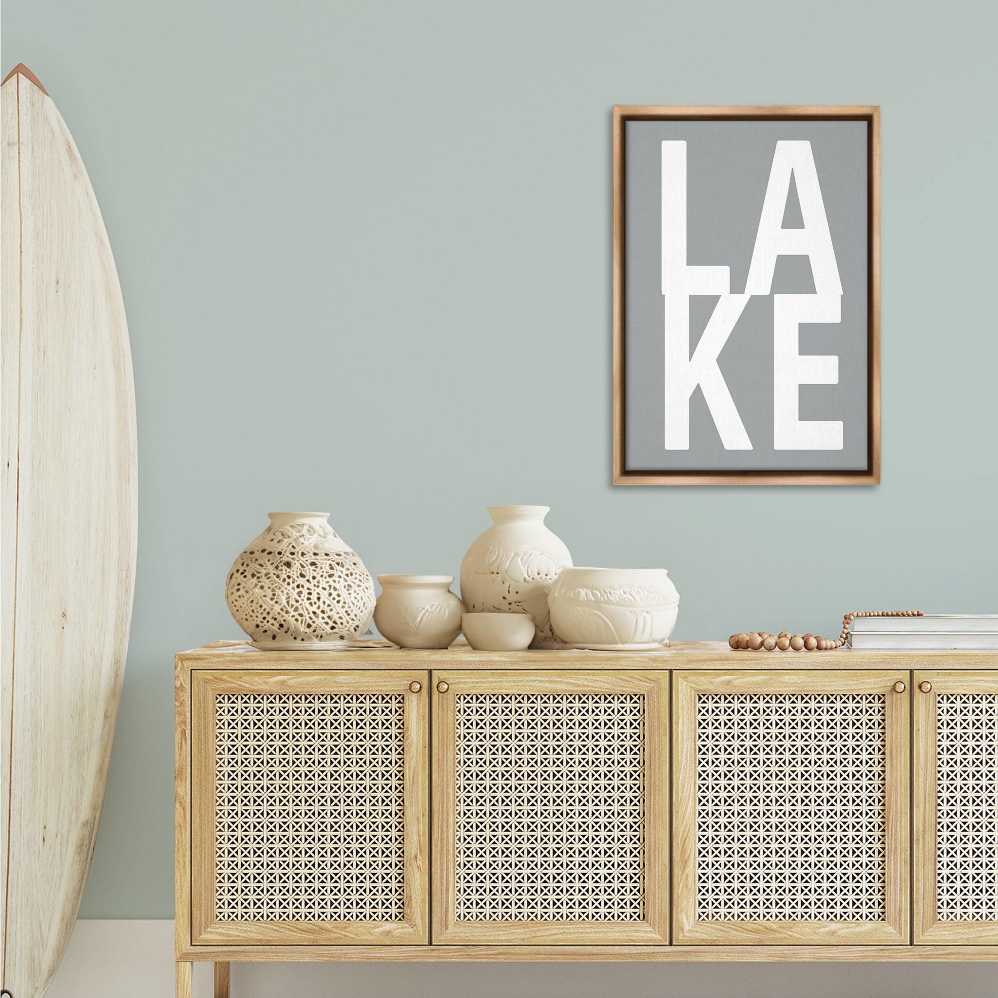 Stupell Industries Lake Word on Grey Typography Painting Brown Floater Framed Art Print Wall Art, 21 x 31