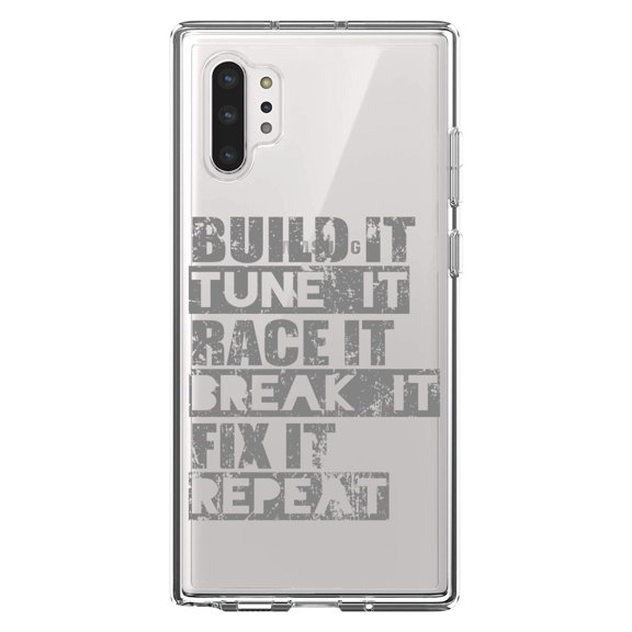 DistinctInk Clear Shockproof Hybrid Case for Galaxy Note 10 PLUS (6.8" Screen) - TPU Bumper Acrylic Back Tempered Glass Screen Protector - Build It Tune Race Break Fix Repeat