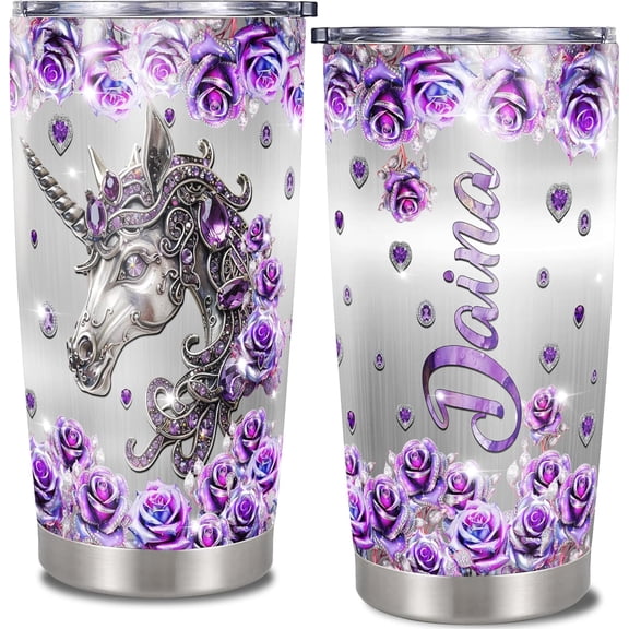 Personalized Unicorn Tumbler with Lid 20oz Stainless Steel Custom Name Jewelry Style Purple Insulated Cup Coffee Travel Mug Funny Gift for Daughter Girl Birthday
