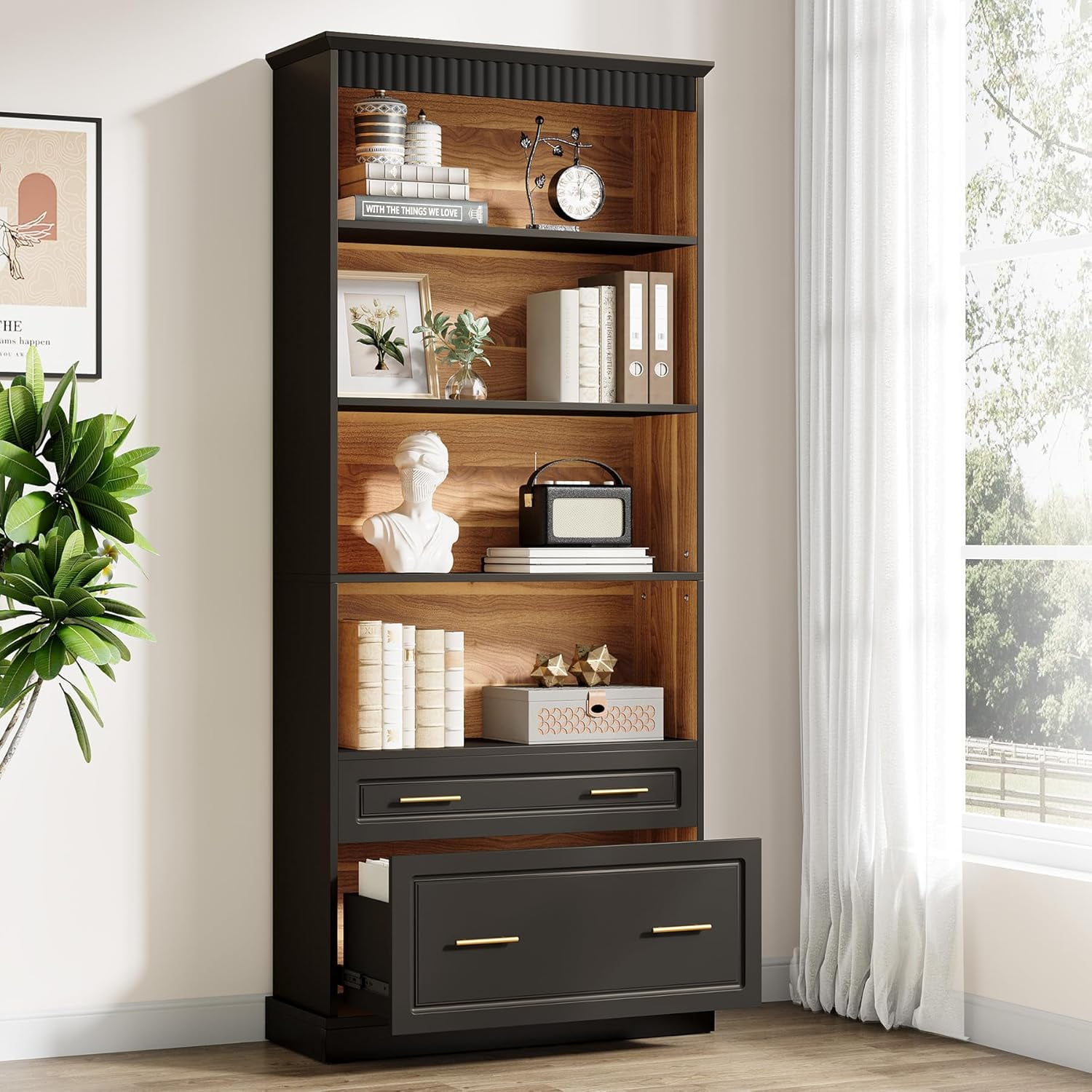 Tribesigns 5-Shelf Bookcase with File Cabinet Drawer, Modern Storage Shelf for Living Room, Black