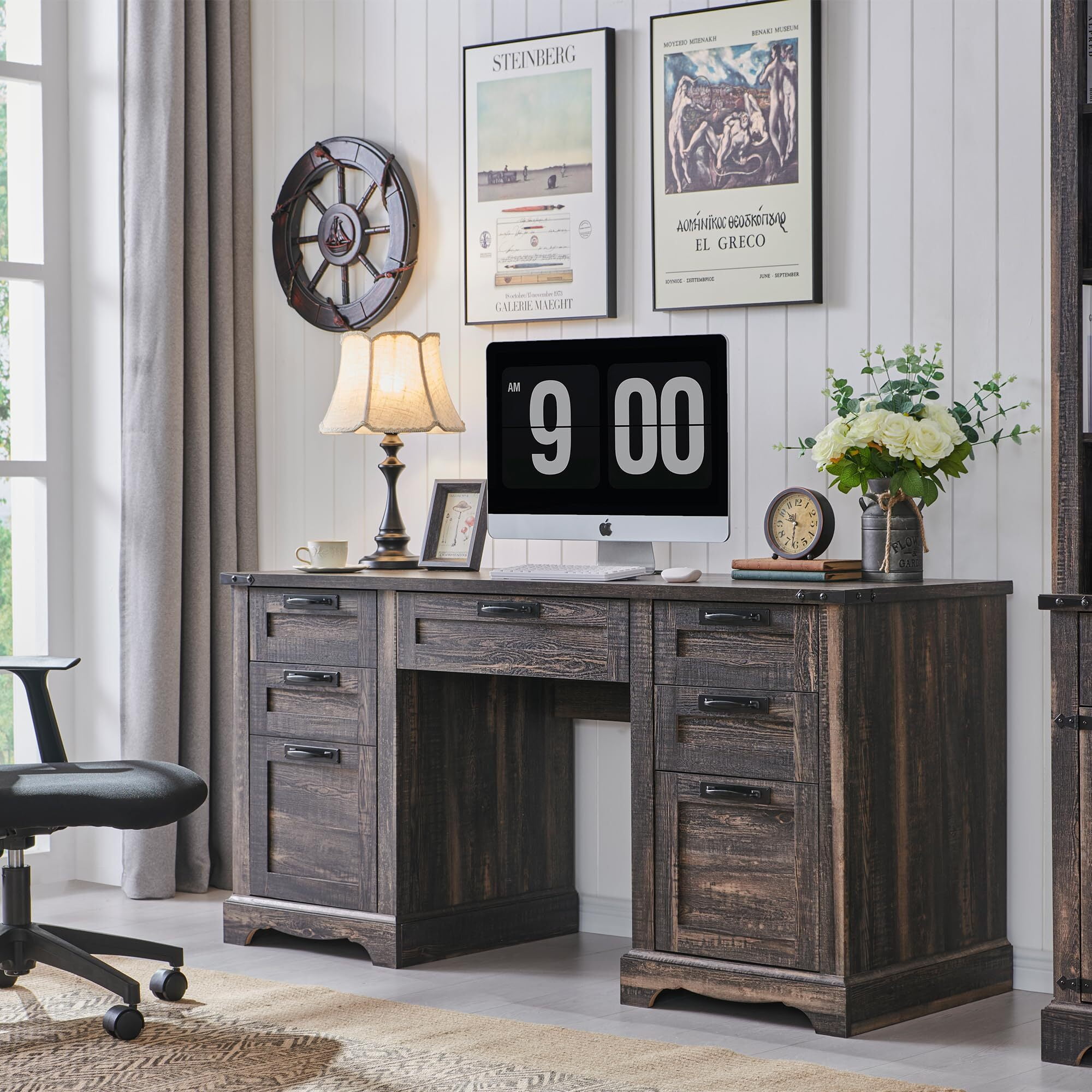 OKD Farmhouse Executive Desk, Rustic Office Desk with Charging Station and Keyboard Tray,Home Workstations with File Drawer, Storage Cabinet,Wood Computer Writing Desk, Dark Rustic Oak