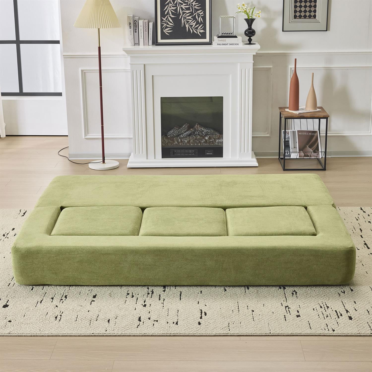 Demi Bonn Convertible Sectional Sofa with 3 Storage Ottomans, Space-Saving Chenille Couch, High-Resilience Foam for Studio Apartments & Home Offices, Green