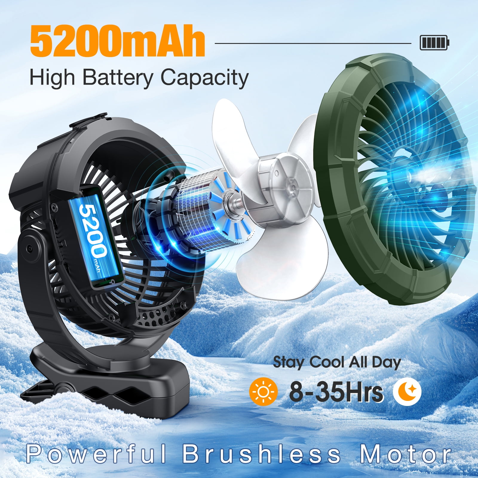 JINLICTE Portable Misting Clip on Fan with 5200mAh Battery, 3 Speeds & LED Light - 360° Rotation Mist Cooling Fan for Stroller, Camping, Outdoor Use - Rechargeable, Adjustable Hook Design