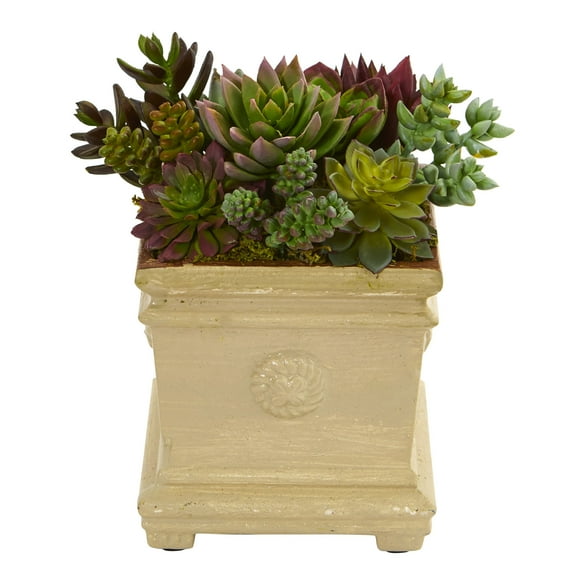 Nearly Natural 7.5in. Plastic and Polyester Mixed Succulent Artificial Plant in Decorative Vase, Green