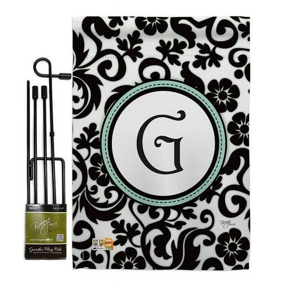 Breeze Decor BD-SB-GS-130059-IP-BO-D-US09-BD 13 x 18.5 in. Damask G Initial Interests Simply Beauty Impressions Decorative Vertical Double Sided Garden Flag Set with Banner Pole