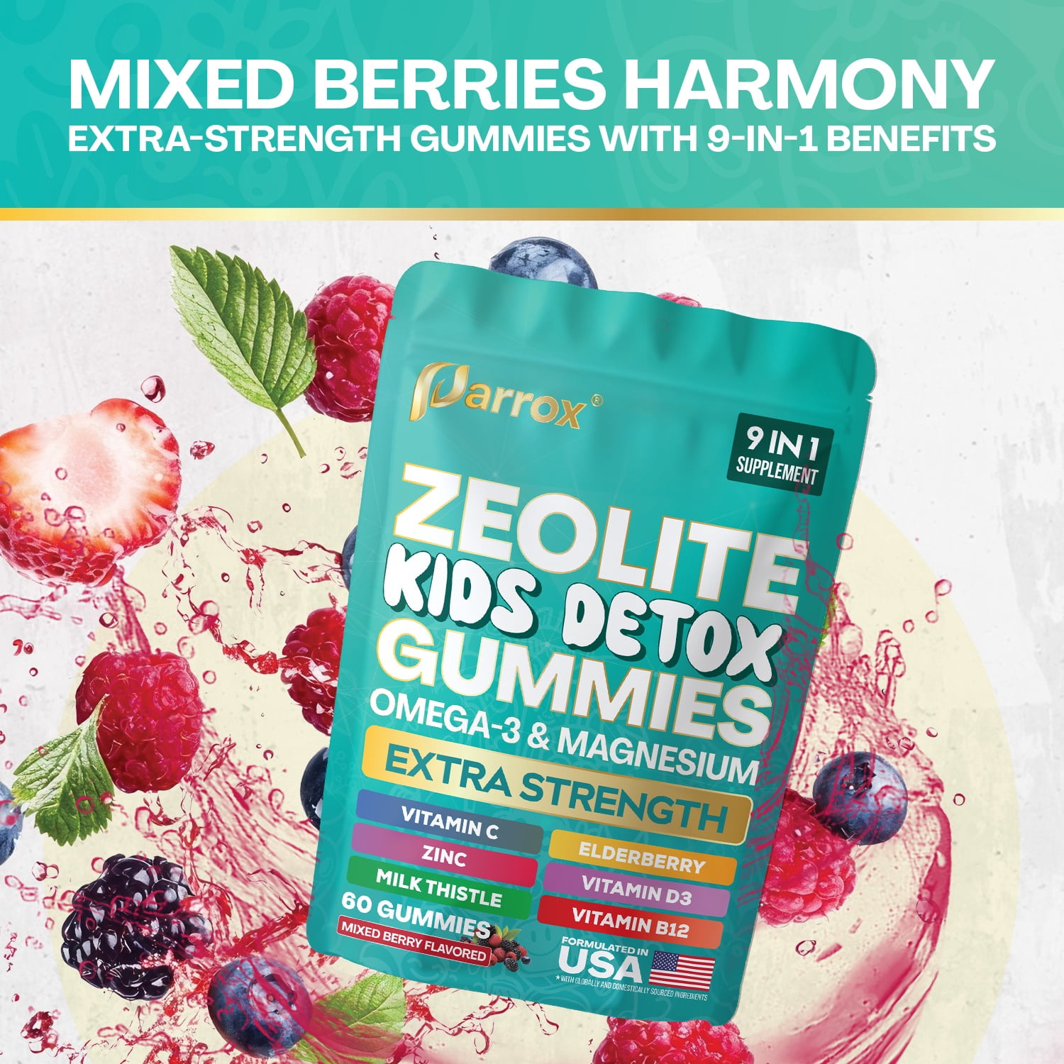 Parrox Zeolite Detox Gummies for Kids, Elderberry Extract 10mg, Kids Detox, Immune & Gut Health, Energy, Brain & Bone, Omega-3, D3, B12, Mixed Berry, 60 count