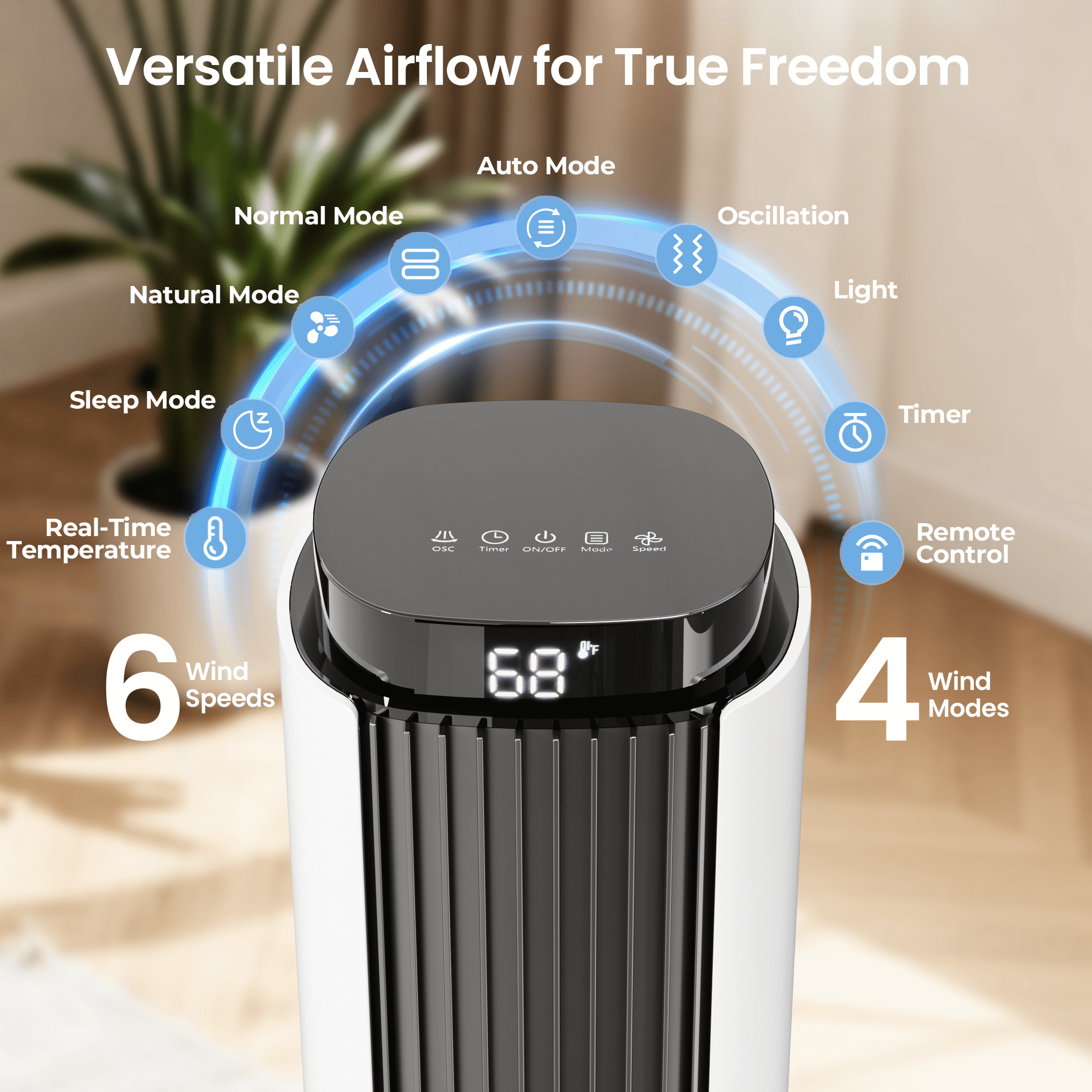 KISSAIR 37" Tower Fan with Remote, 6 Speeds, 4 Fan Modes with LED Display, 12H Timer, 90°Oscillation Fans,  Speeds Adjustable, Remote Control Suitable for Home/Bedroom/Office, Black-White mix