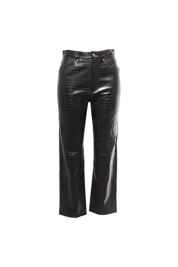 Pre-Owned Boss Croc-Embossed Straight-Leg Trousers in Black Faux Leather