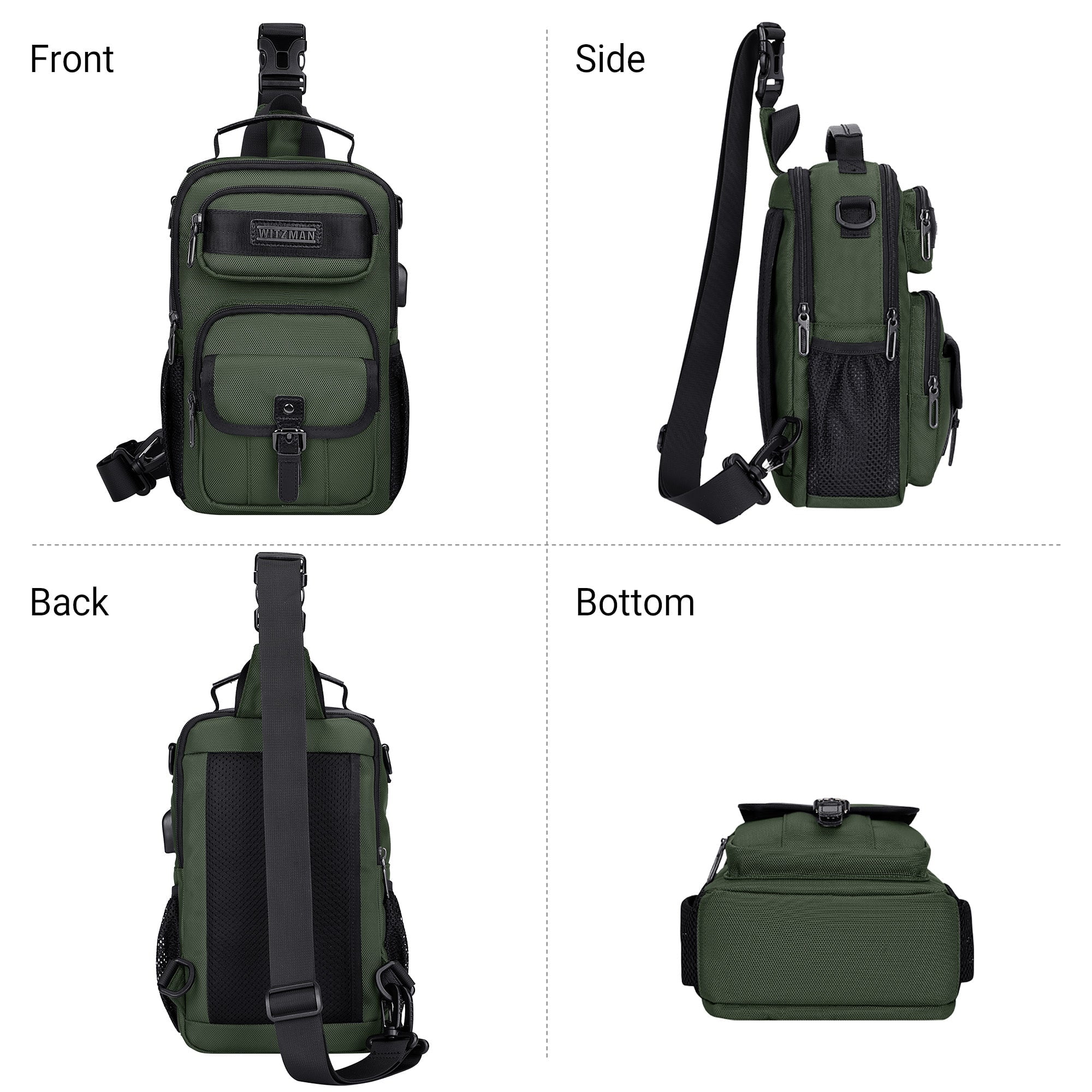 WITZMAN Sling Bag for Men Convertible Travel Sling Backpack USB Charging Port Lightweight Crossbody Bags Casual Daypack（B698 Army Green）