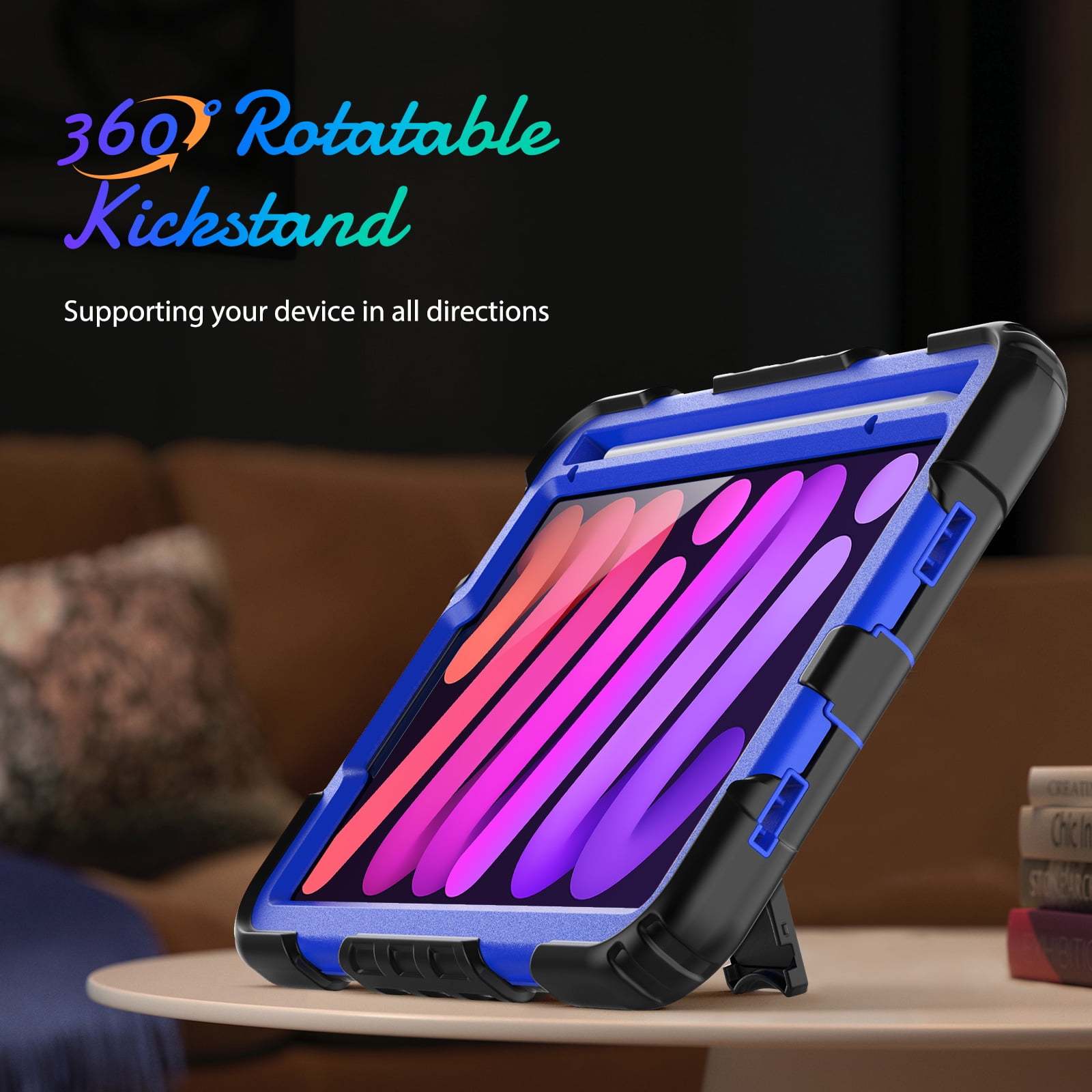 Shockproof Case for Apple iPad mini 6 /7 8.3" with Build In Screen Protector, Rugged Rotating Stand Shoulder Strap Pencil Holder Kids Friendly Bumper Case for Apple iPad mini 6/ Mini 7, Blue+Black
