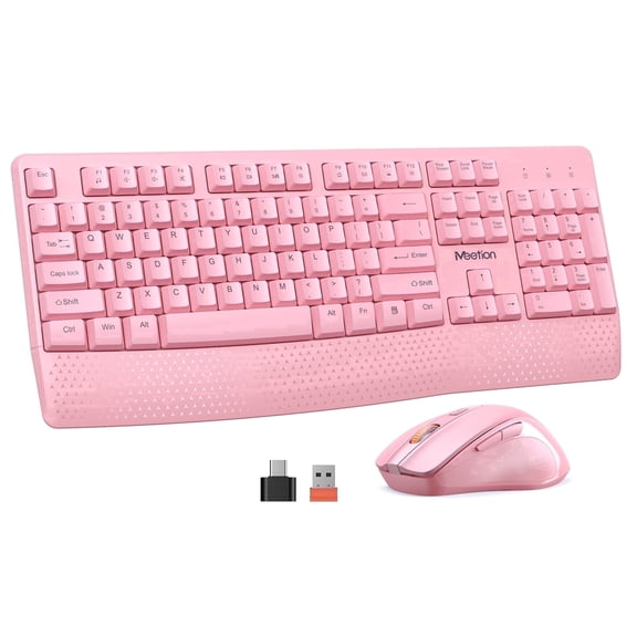 Meetion C4130 Pink Wireless Keyboard and Mouse Combo with Wrist Rest, USB 2.4G Full-Size, for PC & Home Office