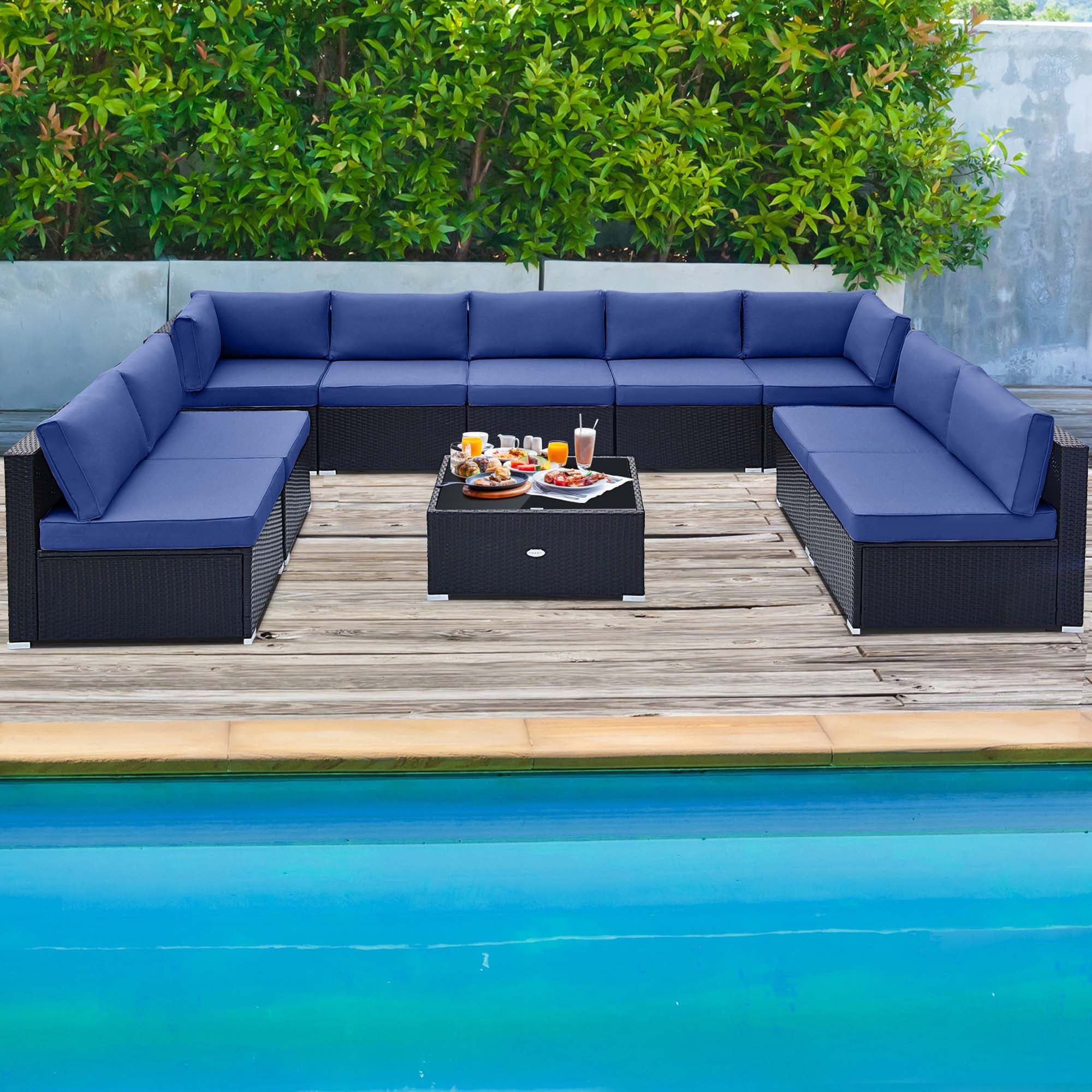 Costway 10 PCS Patio Rattan Furniture Set Outdoor Wicker Sofa Table Cushioned Seat Navy