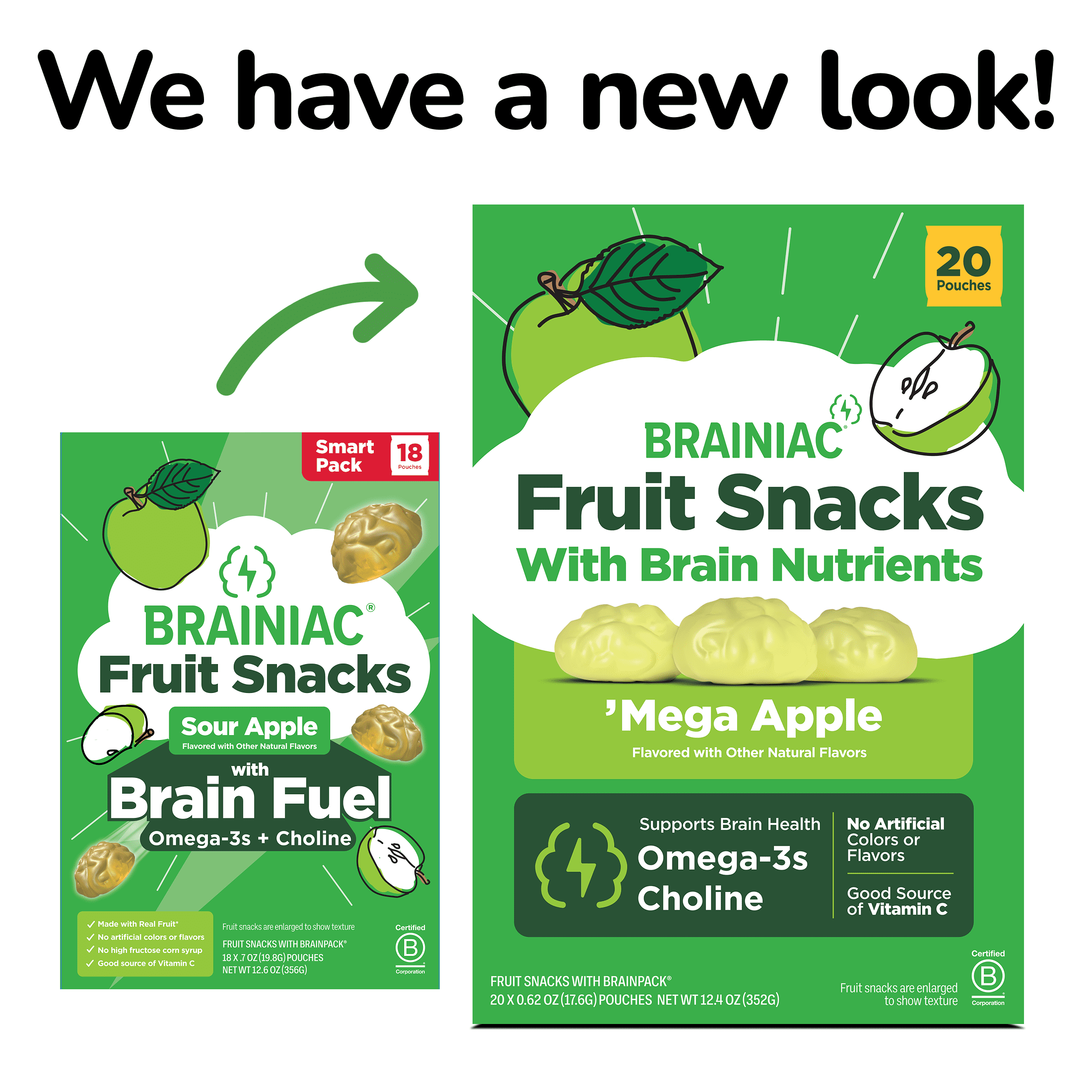 (3 pack) Brainiac Fruit Snacks with BrainPack, Sour Apple Flavor, 20 Count