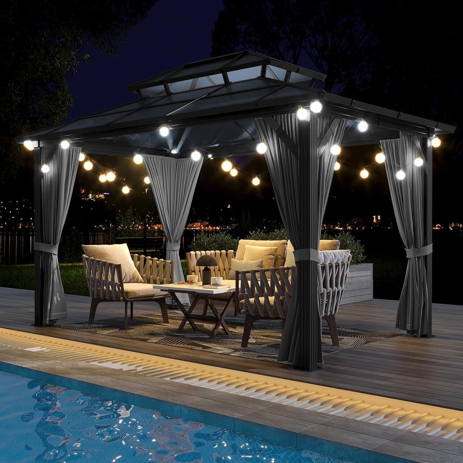 Emorefun 10x13 FT Hardtop Gazebo Outdoor Double Roof Canopy with Curtains & Netting Gray