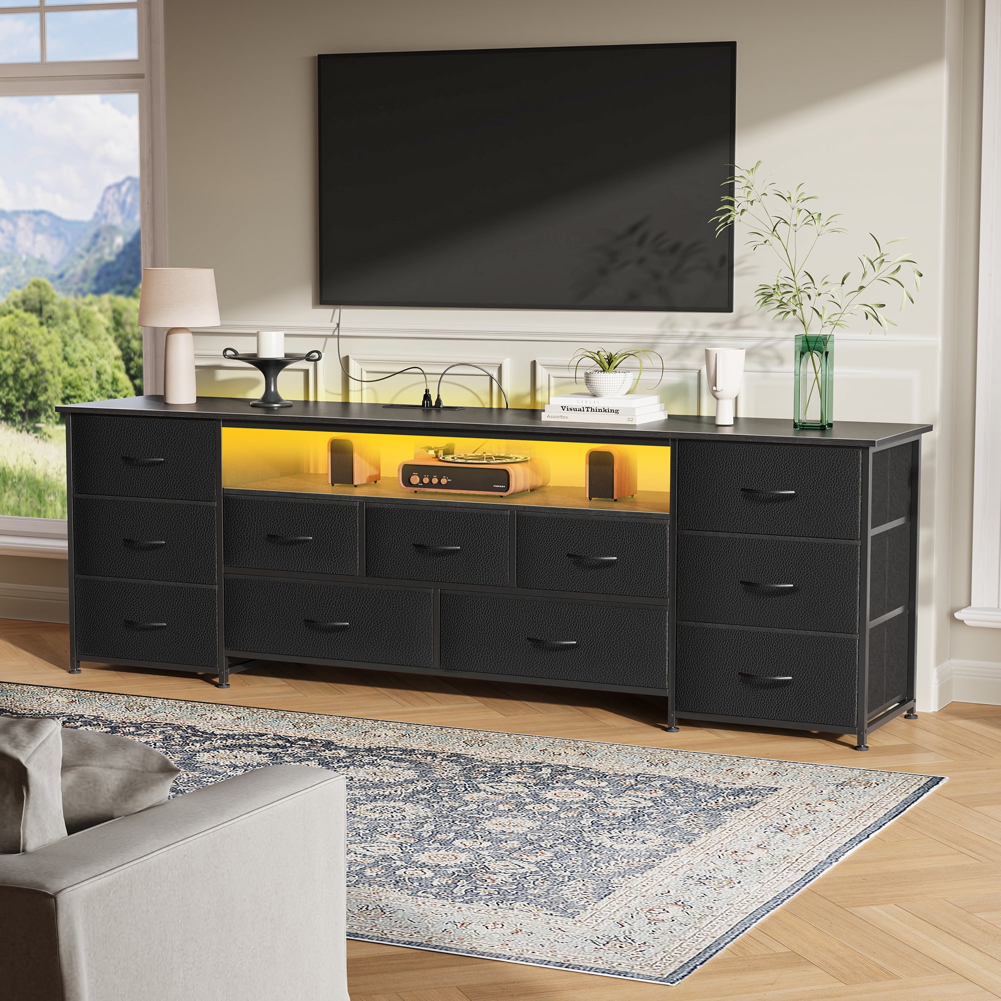 Amadwell Large TV Stand for 65, 70 Inch TVs, 11 Drawer Long Dresser with Power Outlets & LED Lights, 63 inch Entertainment Center