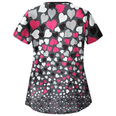

Summer Scrub_Tops Women Working Nurse Uniform T-Shirt Print Short Sleeve Plus Size V-Neck Tops with Pockets