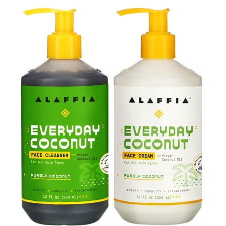 Alaffia Everyday Coconut Face Cleanser And Face Cream - For All Skin Types, Leaves Skin Fresh & Hydrated, Restores & Balances Skin With Coconut Oil, Neem & Papaya, Purely Coconut, 12 Fl Oz Each.