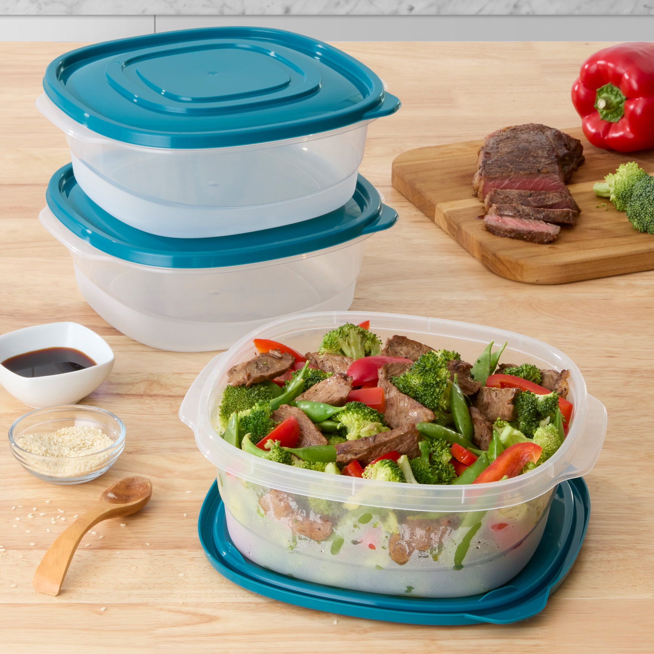 (4 pack) Mainstays Semi Durable Square 11.7cup Plastic Food Storage Container 3 Pack, Made for Family Meals, Party Size Dips, and Easy Serving and Storing