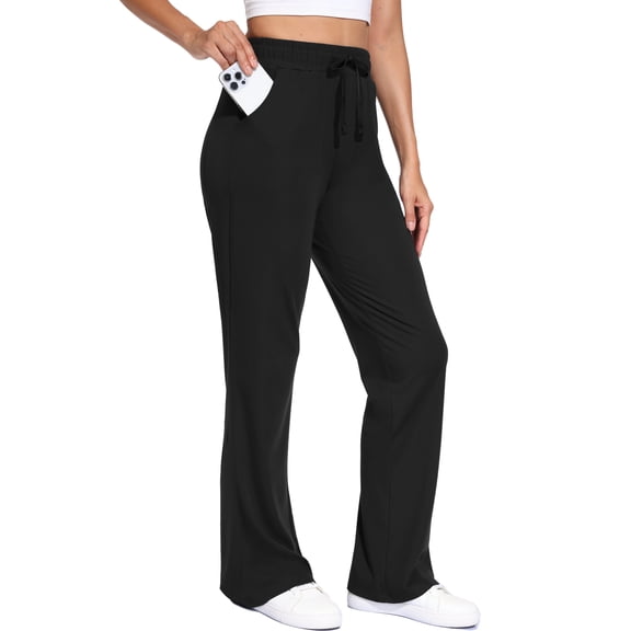 Cadmus Womens High Waisted Bootcut Flare Pants with Pockets Comfy Breathable for Daily Casual Running Wear, Black, L