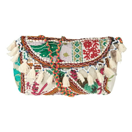Holiday Patchwork Tote - Tribe Azure White Cream Satchel Quilted Purse Handbag Tote Cross body Patchwork Embroidered Tassel Women Fashion Boho Hippie Hipster Pom