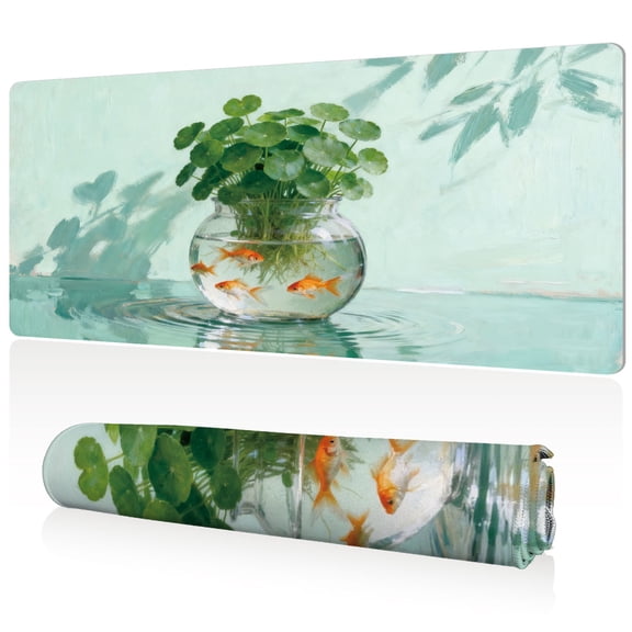 LIVEKEY Mouse Pad Ultra Large 80x40x0.3cm Full Desk Coverage Serene Goldfish Bowl Plant Art with Sewn Edges for Gaming and Office