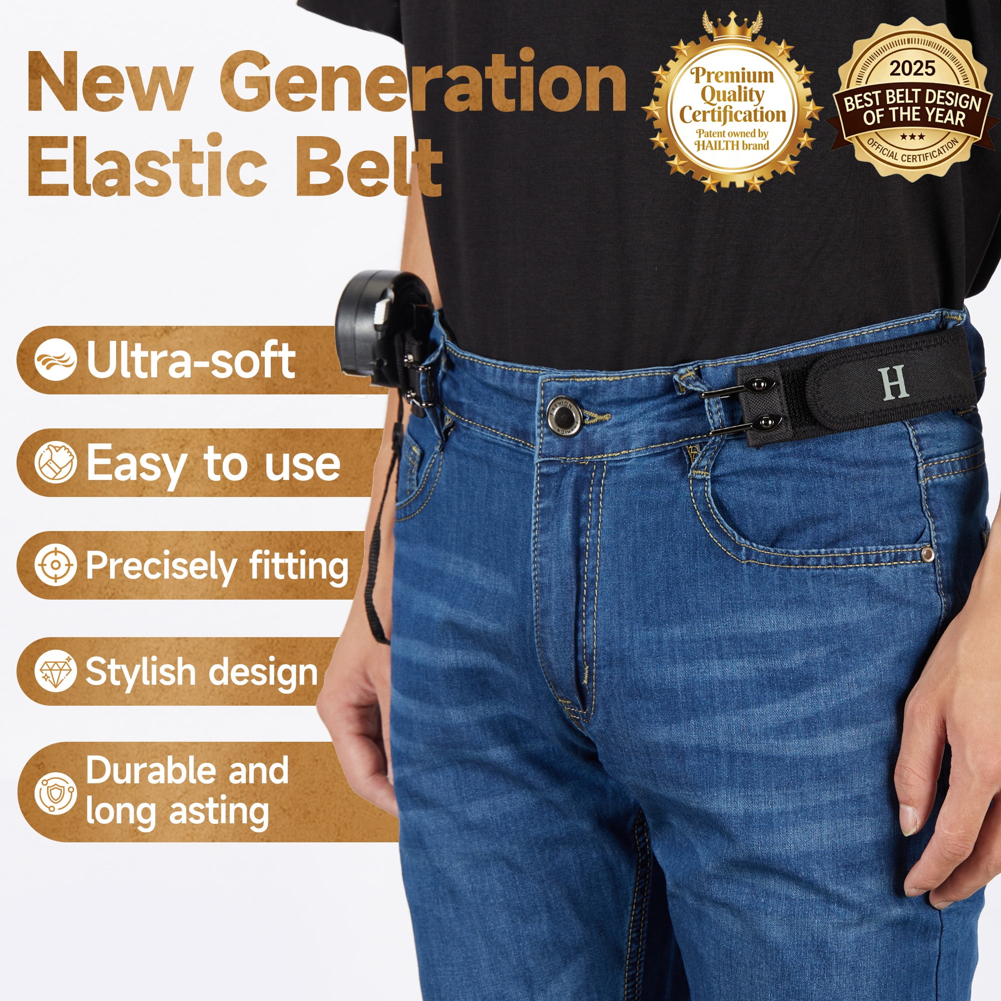 HAILTH Metal Hook Elastic Belt (Unisex) – Patented No - Buckle Invisible Design | Soft Adjustable Side | Grade Elastic Support(M)