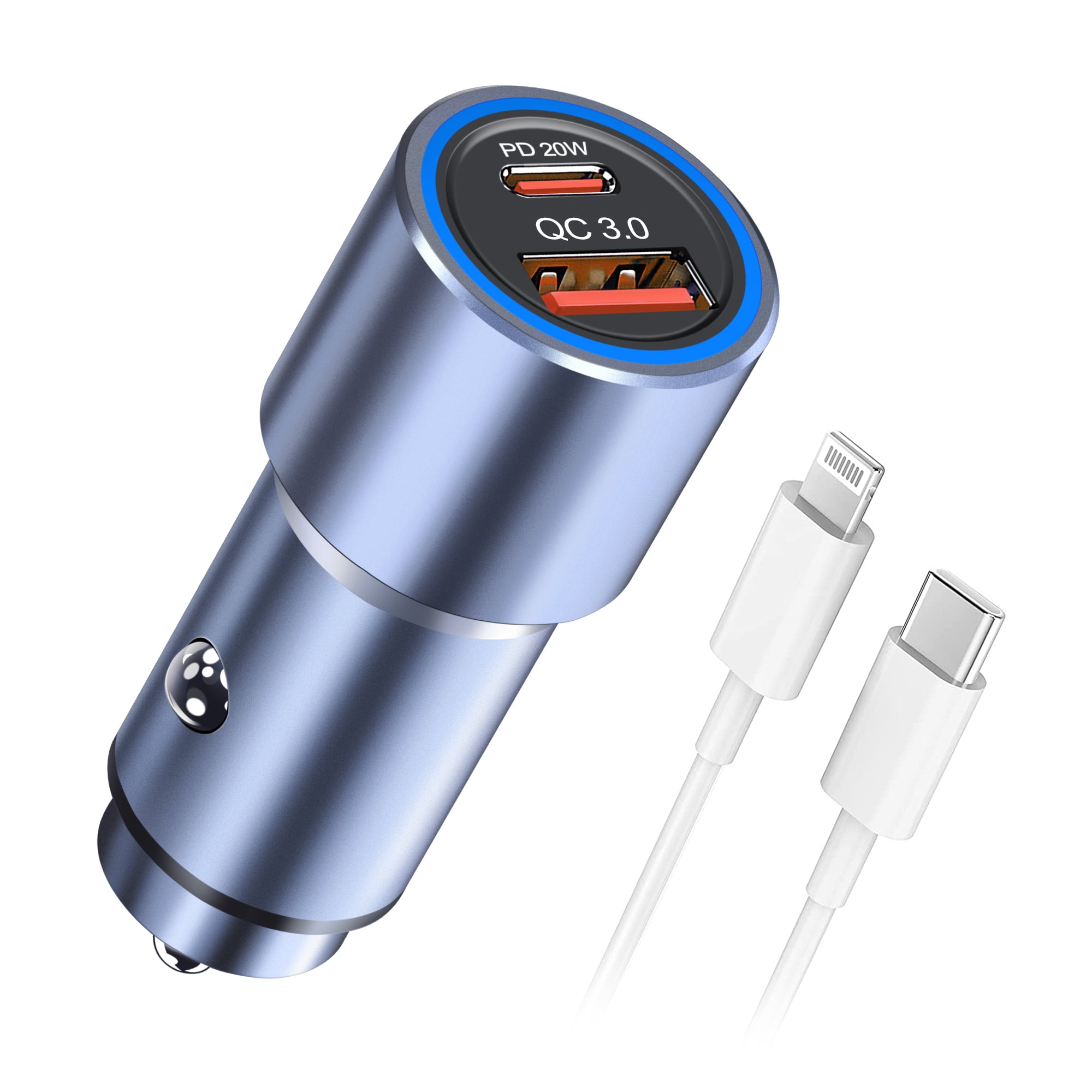 20W USB C Fast Car Charger Compatible for iPhone 13 Pro/12 Pro Max/11/XR/XS Max/X,Dual Port PD&QC3.0 Fast Charging Type C Car Adapter with 3FT USB C to Lightning Cable