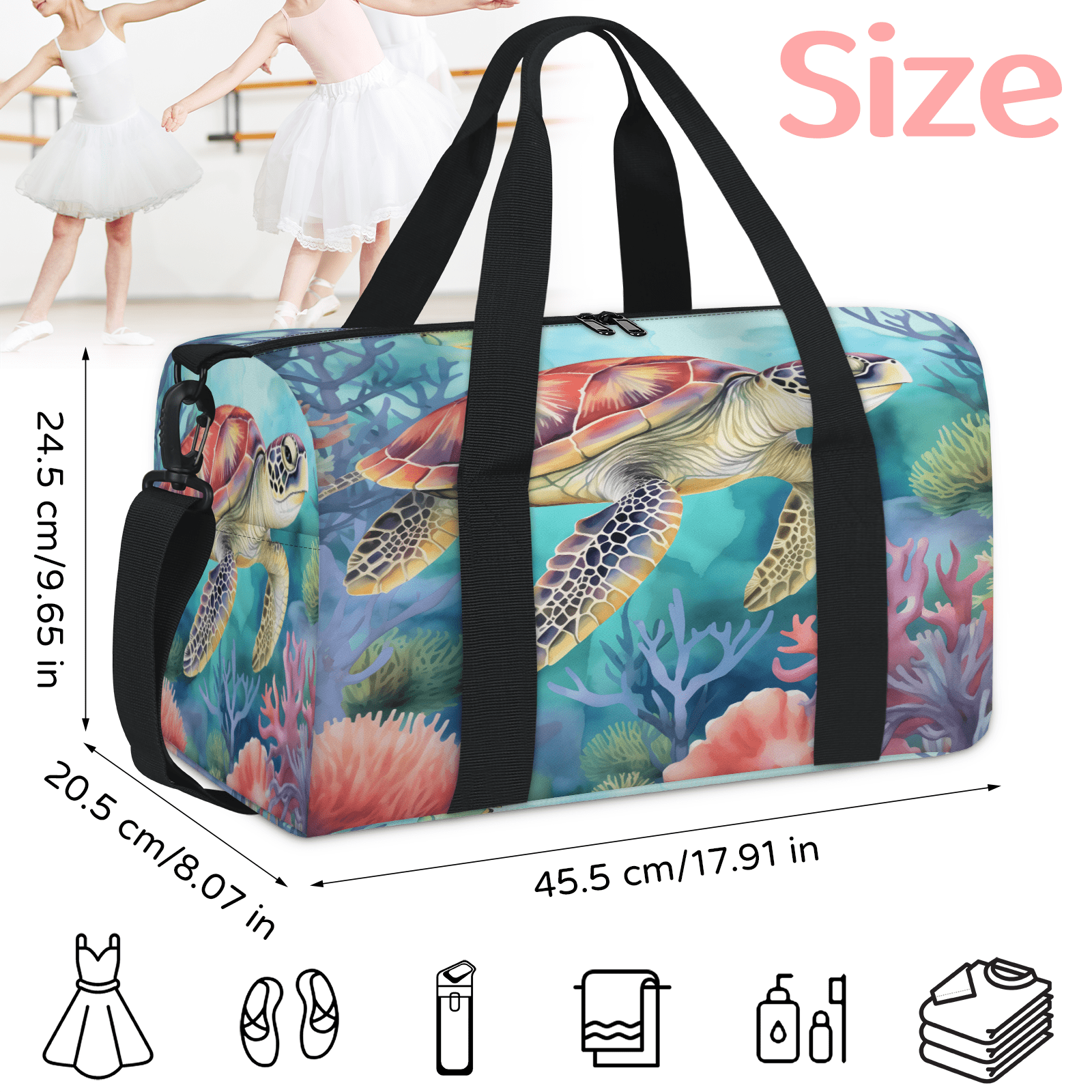 Herdesigns Sea Turtles Ocean Tortoise Gym Bag for Women, Duffle Bag for Travel Sport, Lightweight Waterproof Carry on Weekender Overnight Dance Yoga Workout Bags