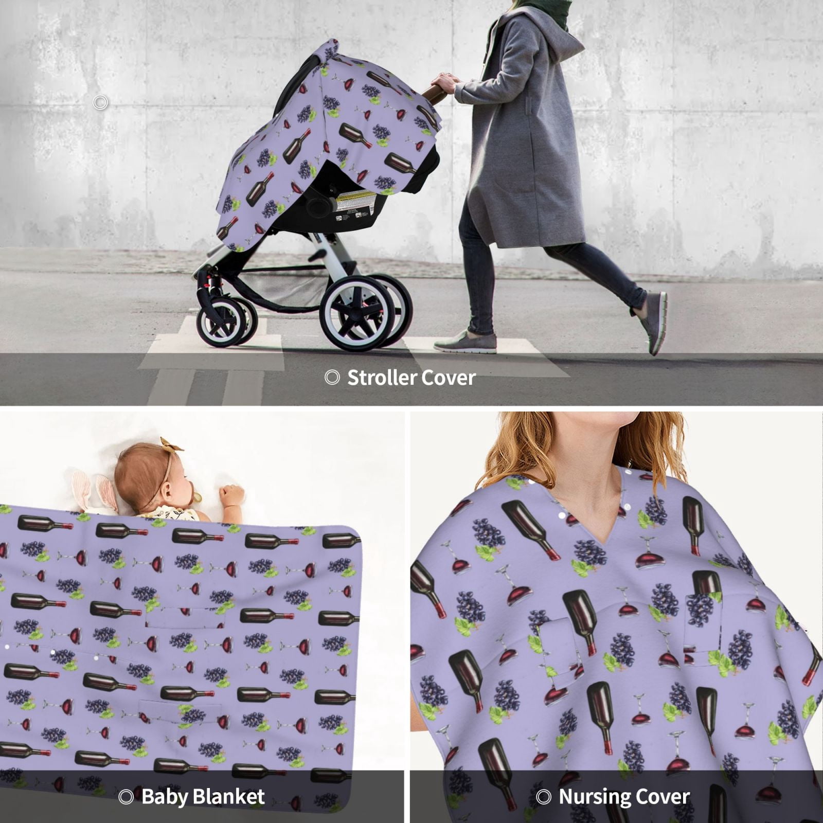 Car Seat Cover Baby - Purple Wine Element Pattern Breathable Infant Car Seat Cover for Baby Carseat, Lightweight Comfort Baby Essentials Must Haves Newborn Stuff for Girl Boy