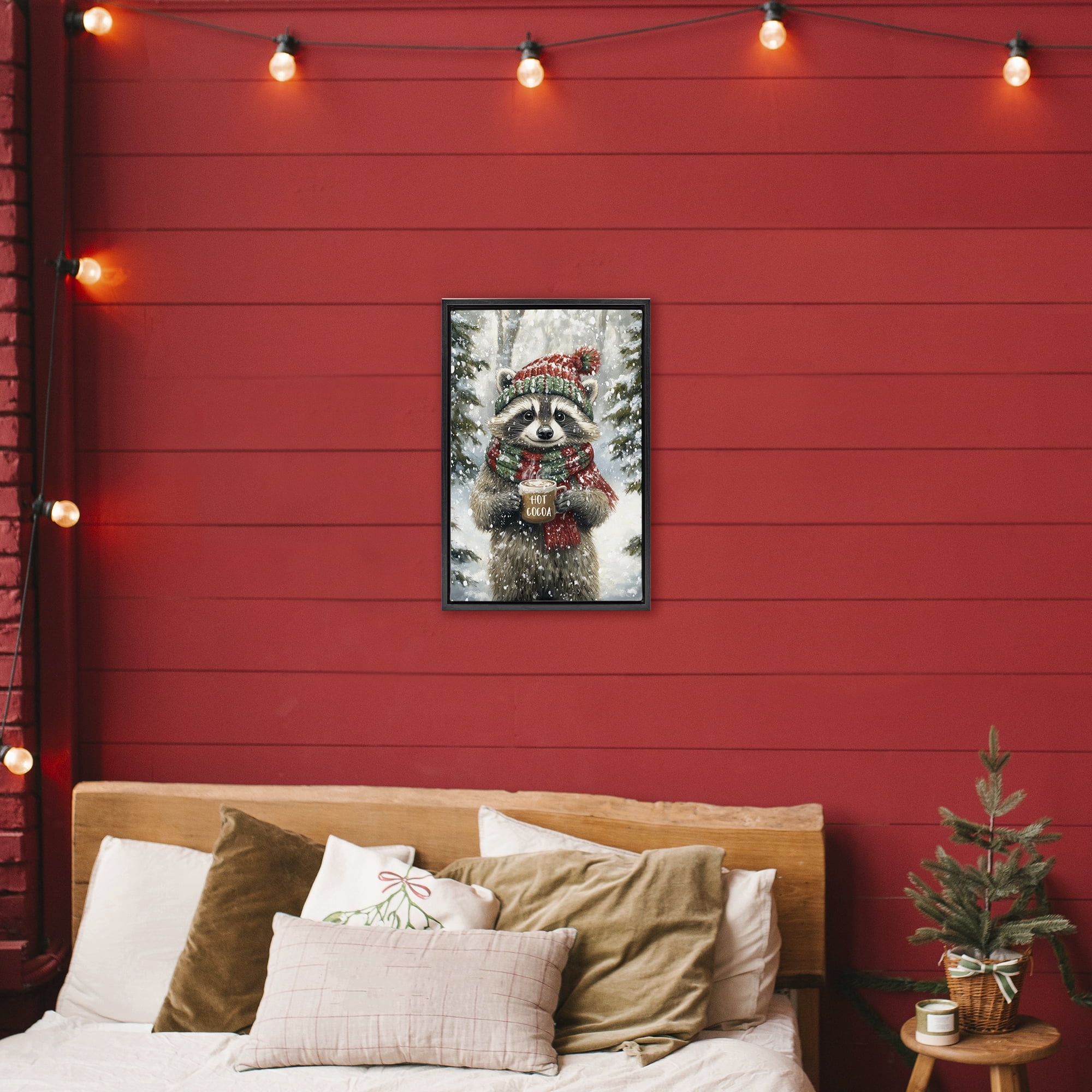 Stupell Industries Merry Cocoa Raccoon Black Framed Floater Canvas Wall Art, design by Tina LeCour