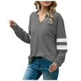 thumbnail image 2 of Babysbule Fashion Womens Striped Tops Casual Solid Color V-Neck Long Sleeve Loose T-Shirt Blouses, 2 of 7