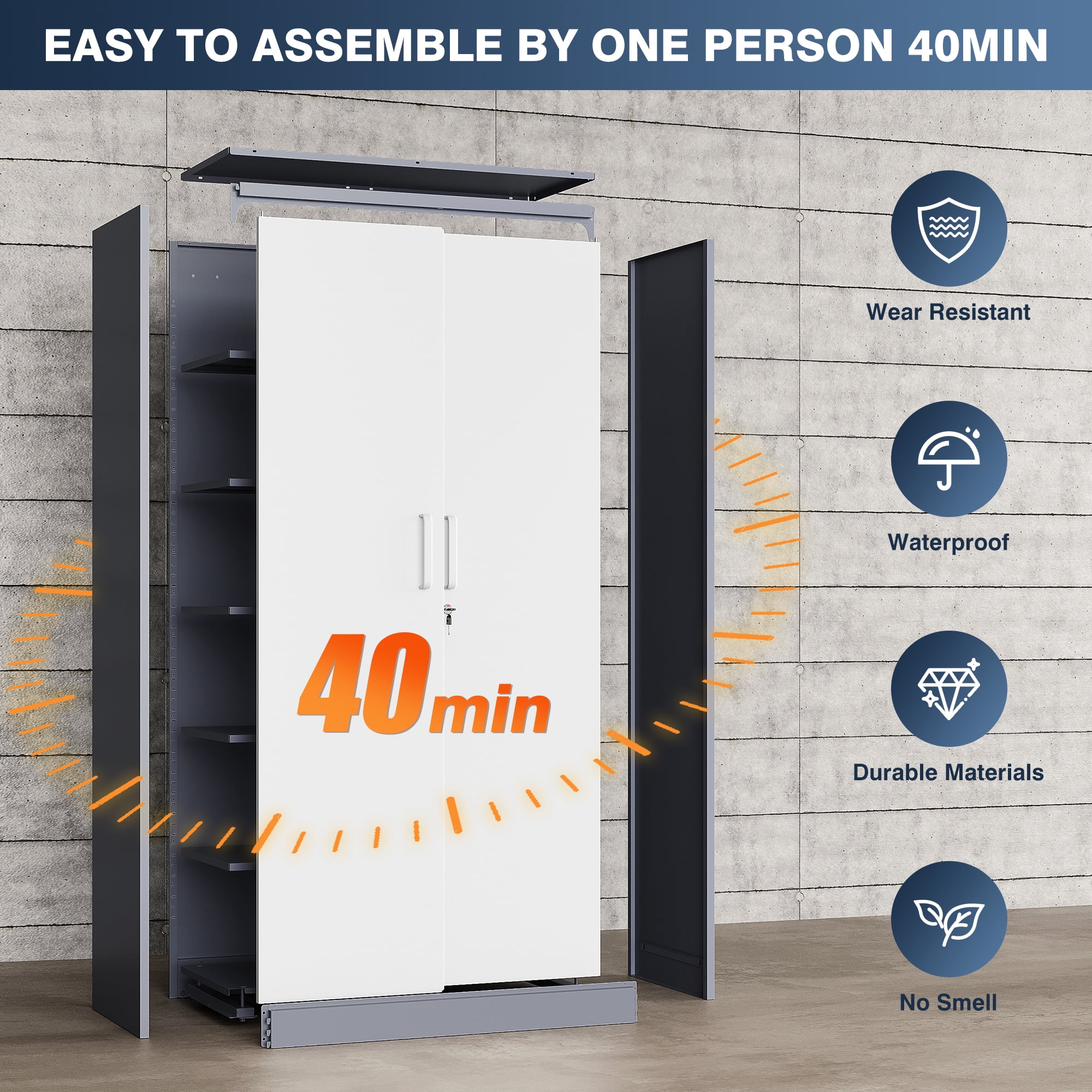Fesbos 72" Metal Storage Cabinet with 5 Adjustable Shelves,Tall Lockable Tools Cabinet, White&Gray Steel Garage Storage Cabinets for Home Office,Pantry,Hospital